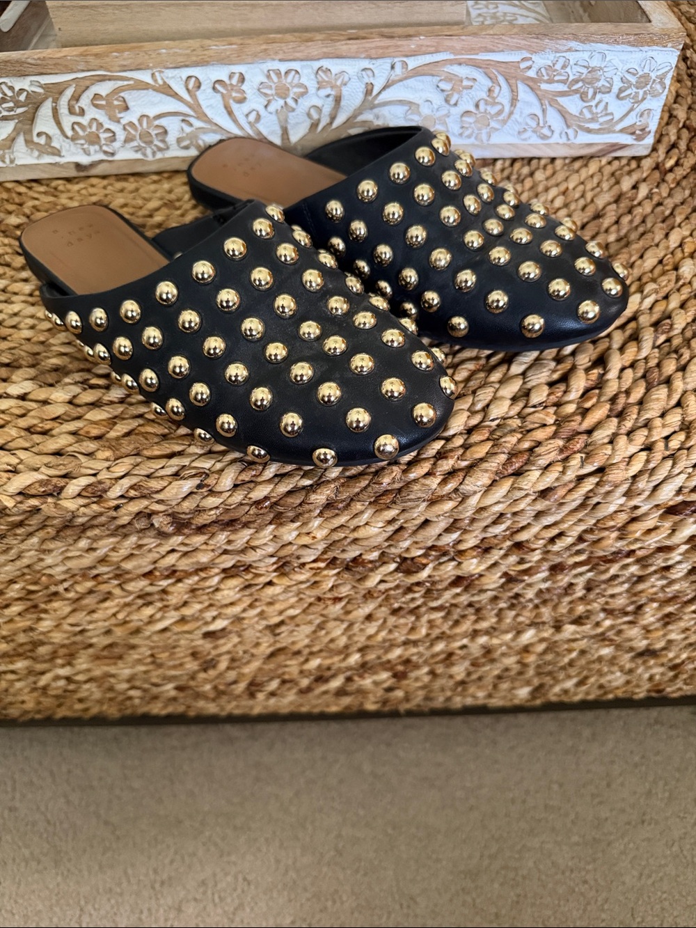 a new day Black Studded Leather-Look Slip-On Mules with Gold Accents